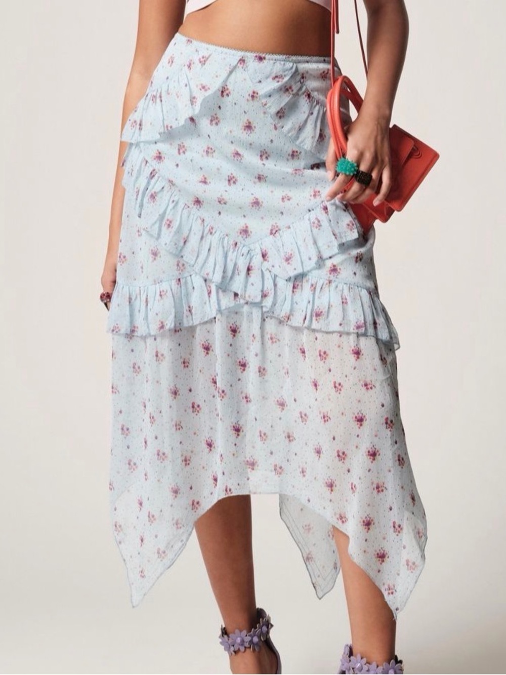 Urban outfitters Light Blue Floral Ruffle Handkerchief Hem Skirt